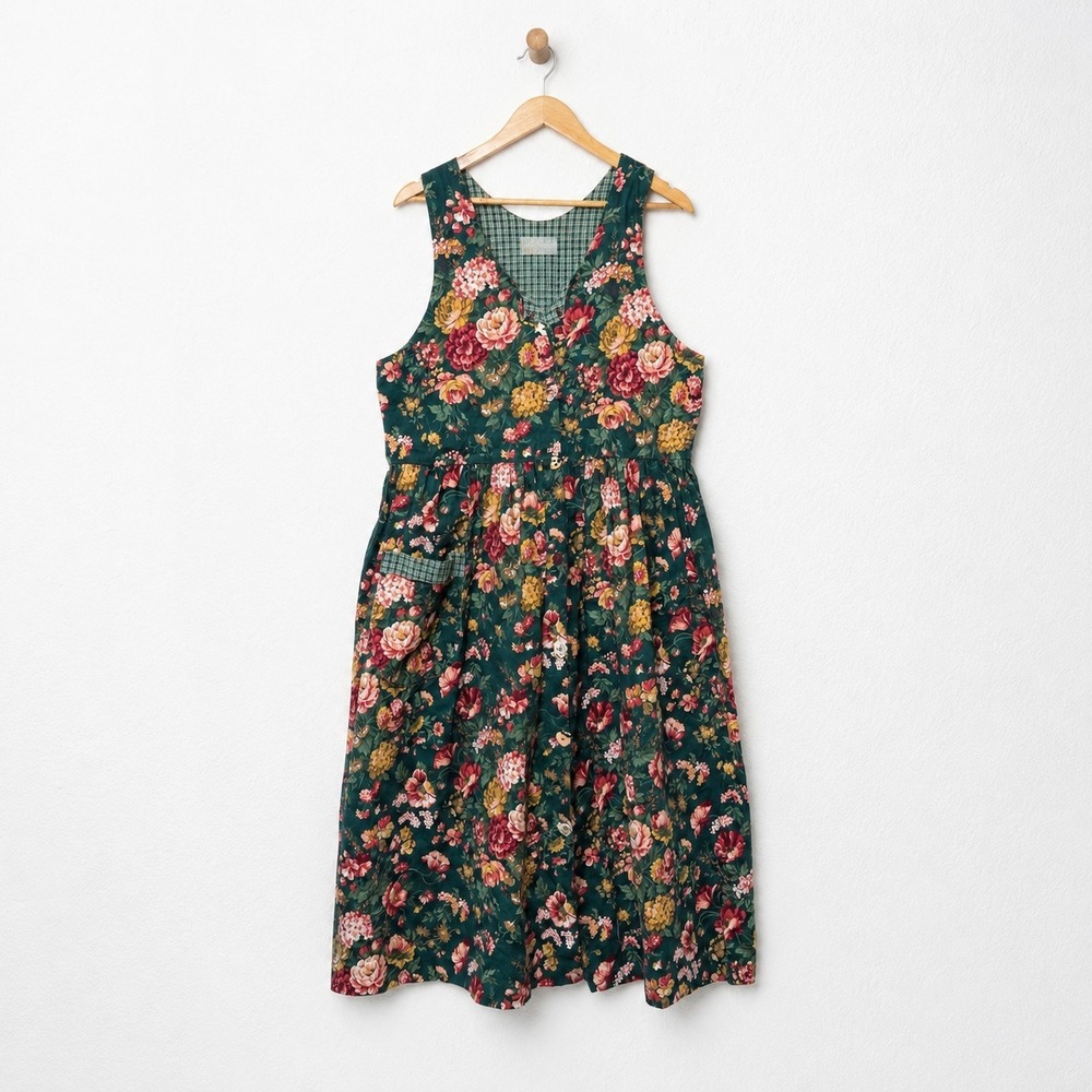 Prairie Farmhouse Floral Cottagecore Midi Dress with Pocket Pinafore L Tradwife